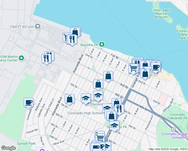 map of restaurants, bars, coffee shops, grocery stores, and more near 326-28 H Avenue in Coronado