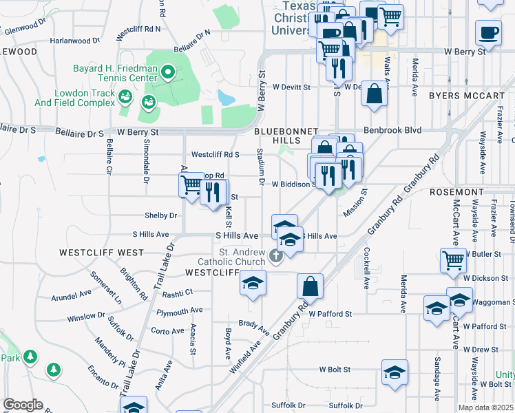 map of restaurants, bars, coffee shops, grocery stores, and more near 3509 Stadium Drive in Fort Worth