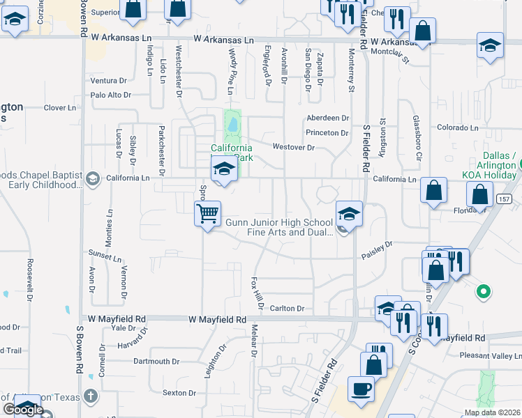 map of restaurants, bars, coffee shops, grocery stores, and more near 1900 California Lane in Arlington