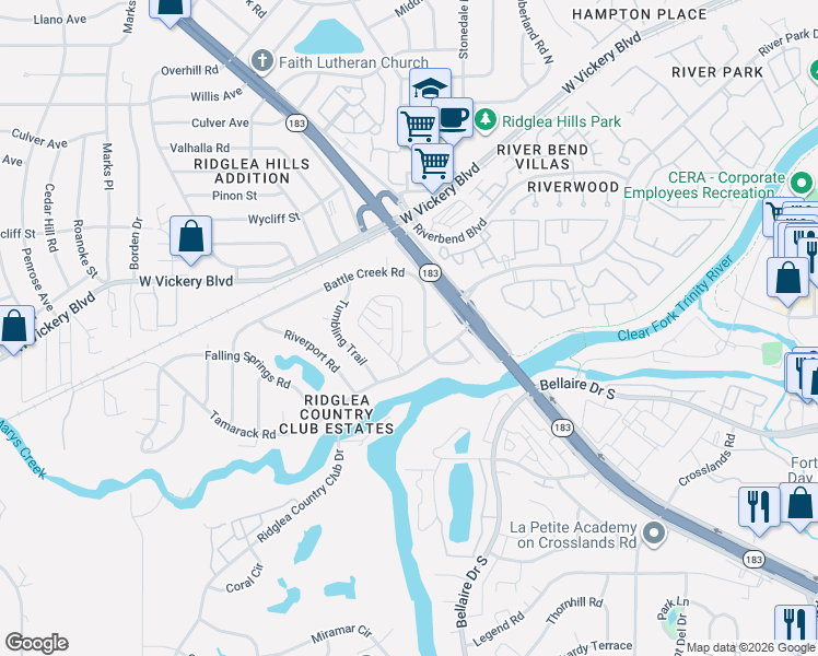 map of restaurants, bars, coffee shops, grocery stores, and more near 6921 Battle Creek Road in Fort Worth