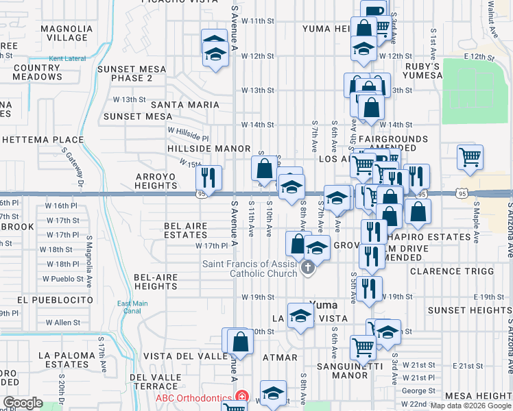 map of restaurants, bars, coffee shops, grocery stores, and more near 1001-1013 W 16th St in Yuma