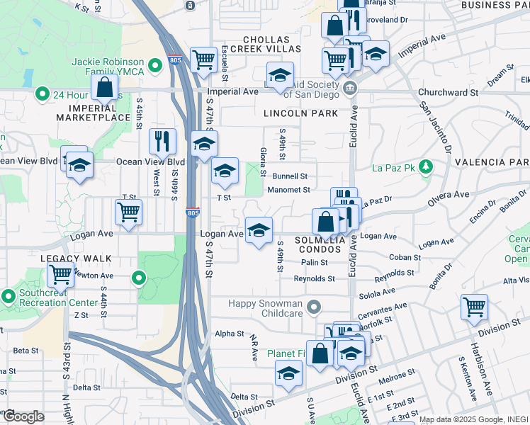 map of restaurants, bars, coffee shops, grocery stores, and more near 4875 Manomet Street in San Diego