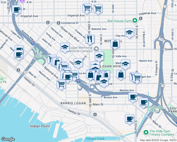 map of restaurants, bars, coffee shops, grocery stores, and more near 2385 Irving Avenue in San Diego
