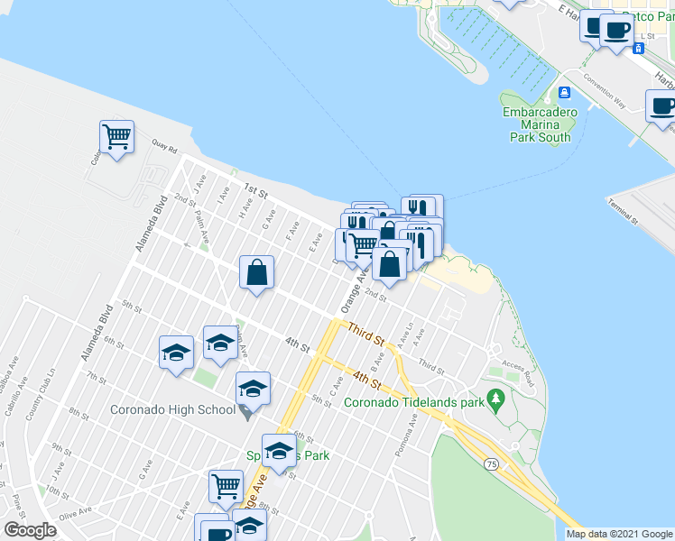 map of restaurants, bars, coffee shops, grocery stores, and more near 143 D Avenue in Coronado
