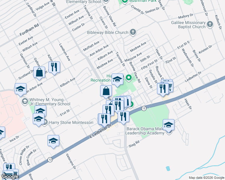 map of restaurants, bars, coffee shops, grocery stores, and more near 2915 Cummings Street in Dallas