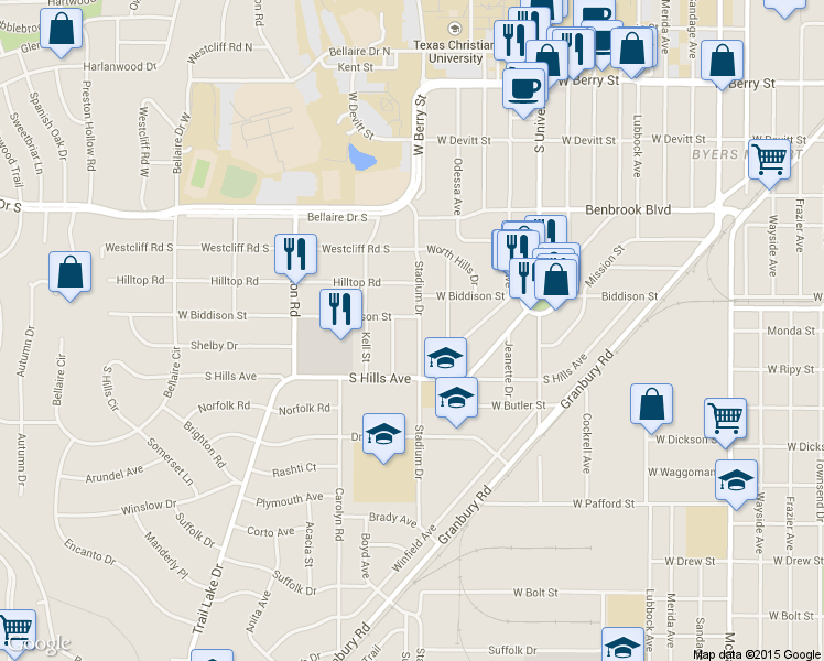 map of restaurants, bars, coffee shops, grocery stores, and more near 3509 Stadium Drive in Fort Worth