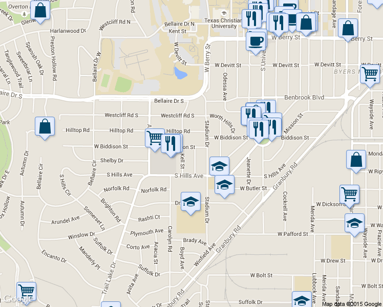 map of restaurants, bars, coffee shops, grocery stores, and more near 3424 West Biddison Street in Fort Worth