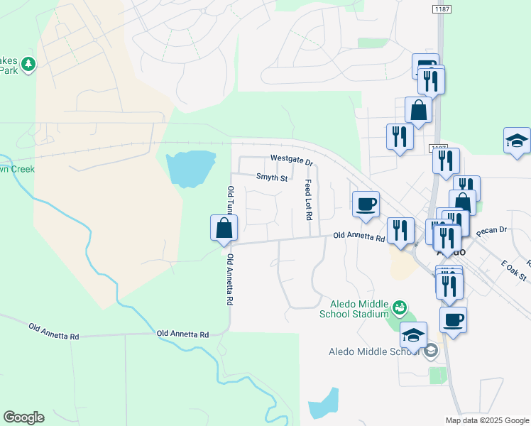 map of restaurants, bars, coffee shops, grocery stores, and more near 135 Yates Circle in Aledo