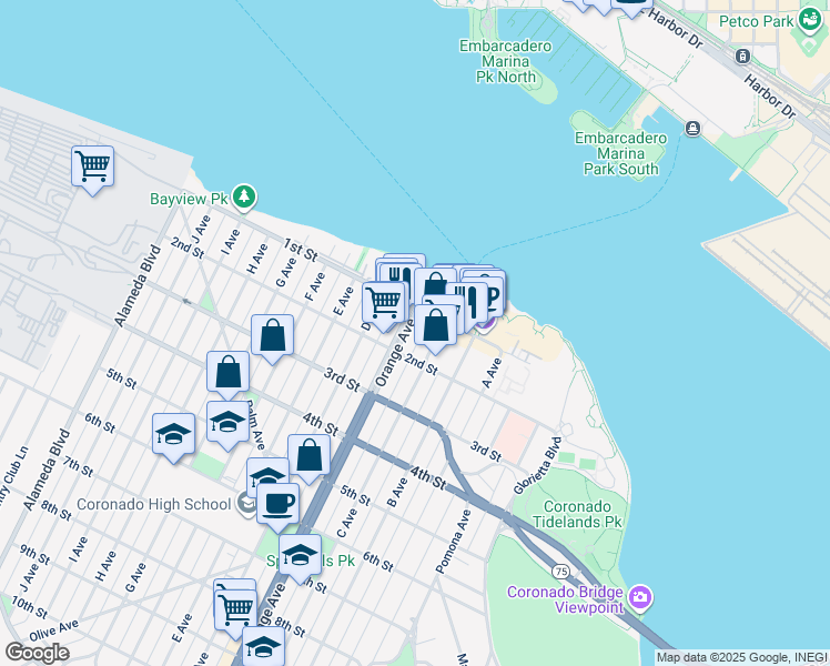 map of restaurants, bars, coffee shops, grocery stores, and more near 141 Orange Avenue in Coronado