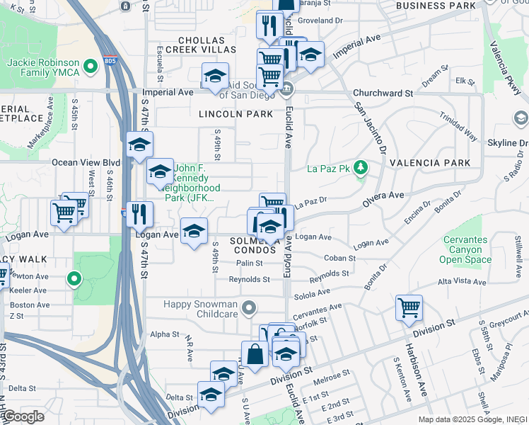 map of restaurants, bars, coffee shops, grocery stores, and more near 5033 La Paz Drive in San Diego