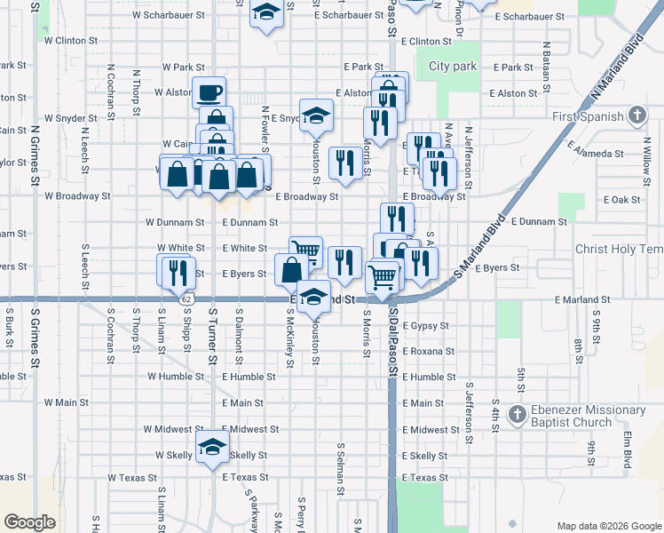 map of restaurants, bars, coffee shops, grocery stores, and more near 503 East White Street in Hobbs