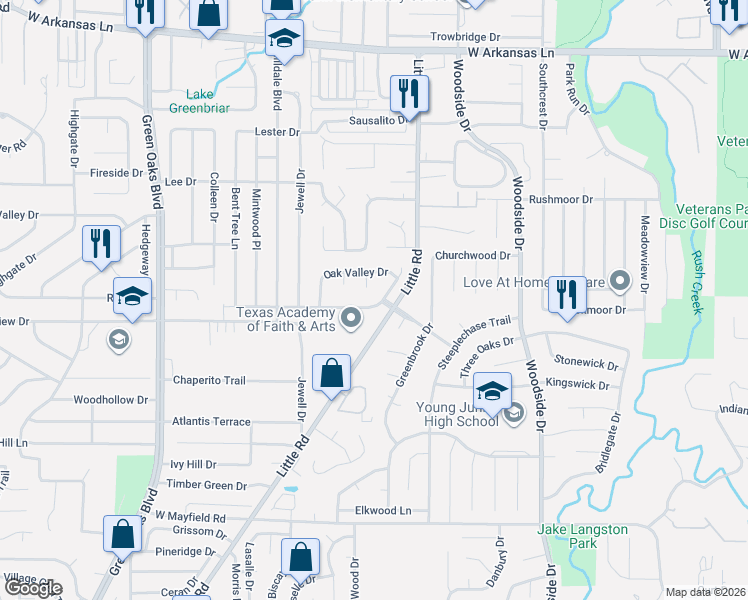 map of restaurants, bars, coffee shops, grocery stores, and more near 2810 Bonneville Drive in Arlington