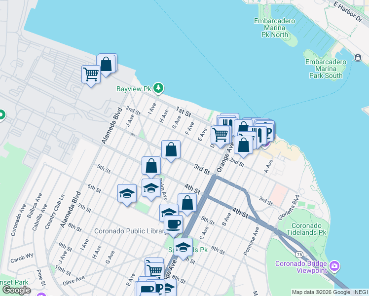map of restaurants, bars, coffee shops, grocery stores, and more near 237 F Avenue in Coronado