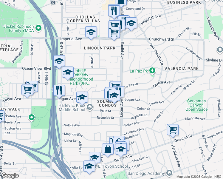 map of restaurants, bars, coffee shops, grocery stores, and more near 5033 La Paz Drive in San Diego