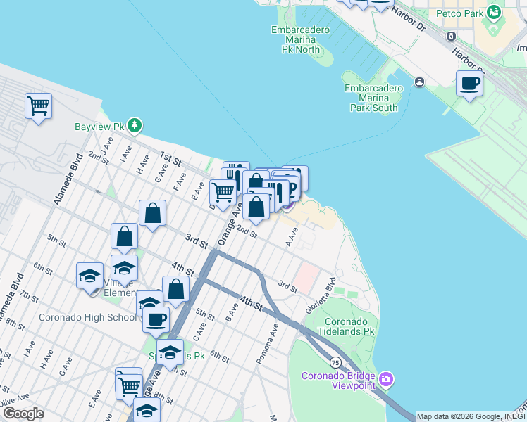 map of restaurants, bars, coffee shops, grocery stores, and more near 5 C Avenue in Coronado