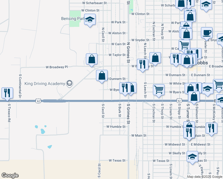 map of restaurants, bars, coffee shops, grocery stores, and more near 371 South Coleman Street in Hobbs