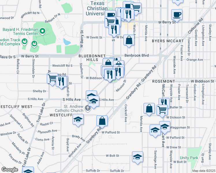 map of restaurants, bars, coffee shops, grocery stores, and more near 3509 Park Ridge Boulevard in Fort Worth