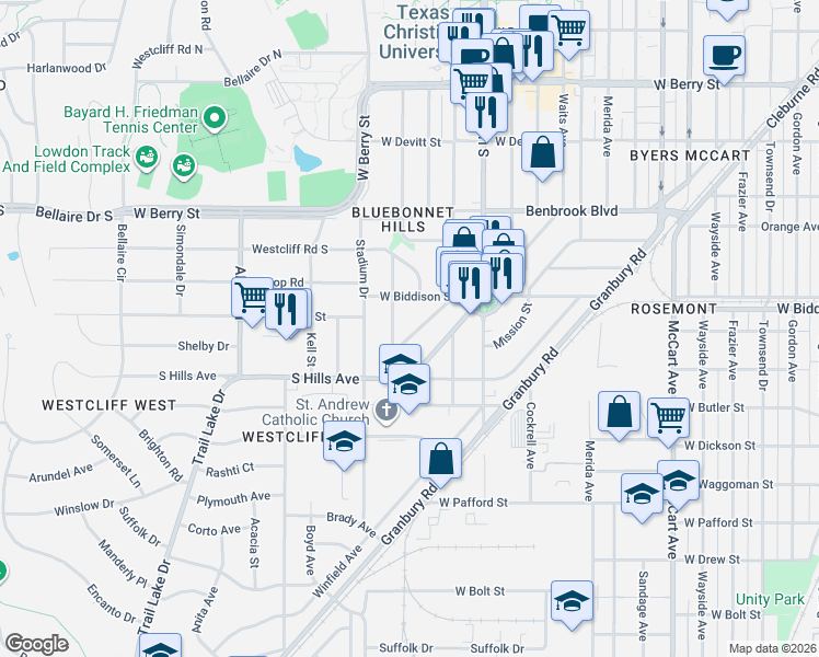 map of restaurants, bars, coffee shops, grocery stores, and more near 3509 Harwen Terrace in Fort Worth
