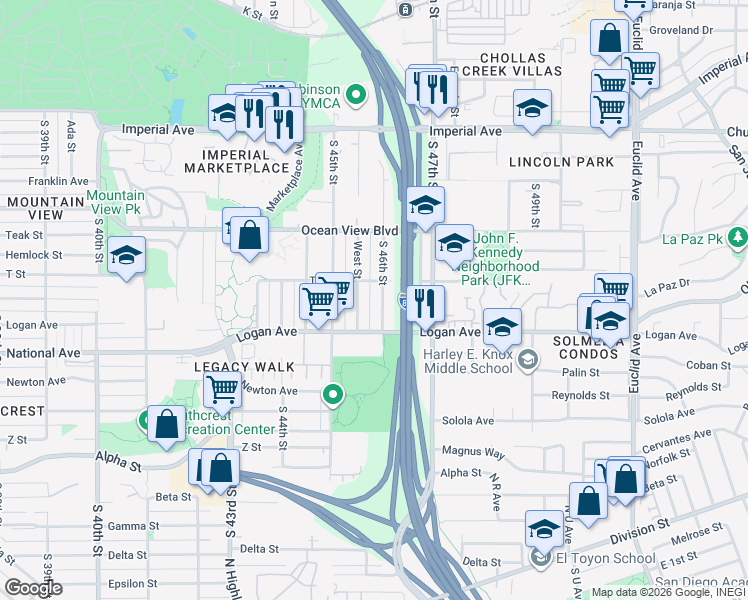 map of restaurants, bars, coffee shops, grocery stores, and more near 734 South 46th Street in San Diego