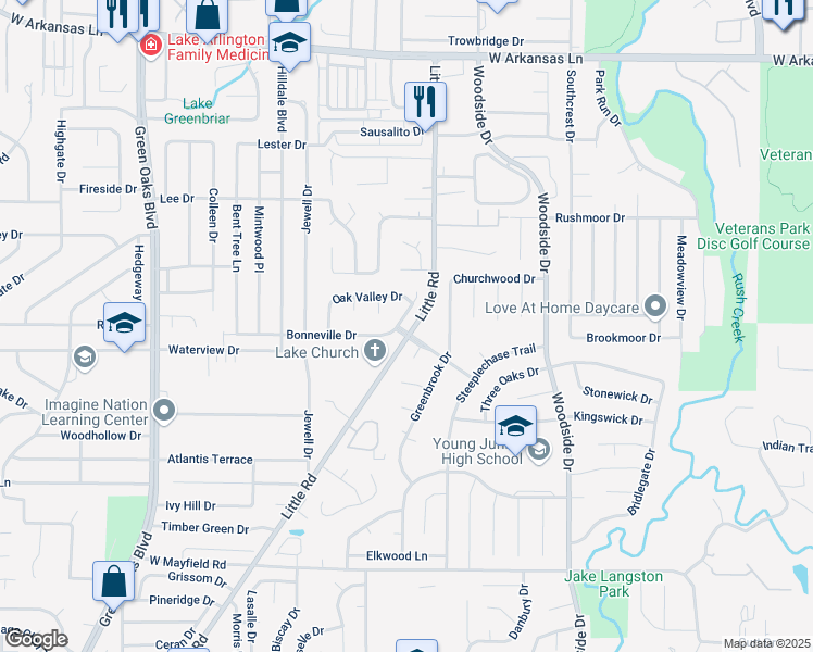 map of restaurants, bars, coffee shops, grocery stores, and more near 2810 Bonneville Drive in Arlington