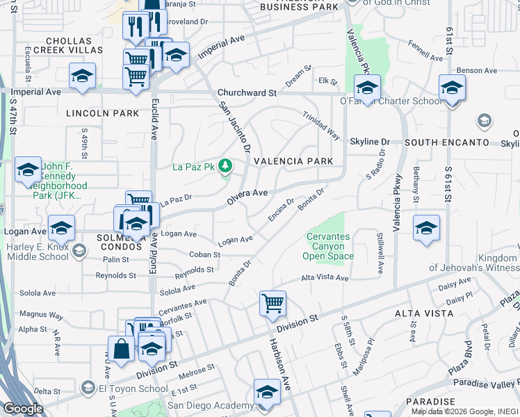 map of restaurants, bars, coffee shops, grocery stores, and more near 5472 San Onofre Terrace in San Diego