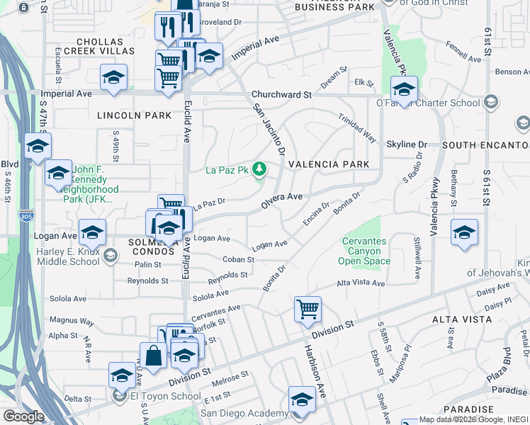map of restaurants, bars, coffee shops, grocery stores, and more near 5233 La Paz Drive in San Diego