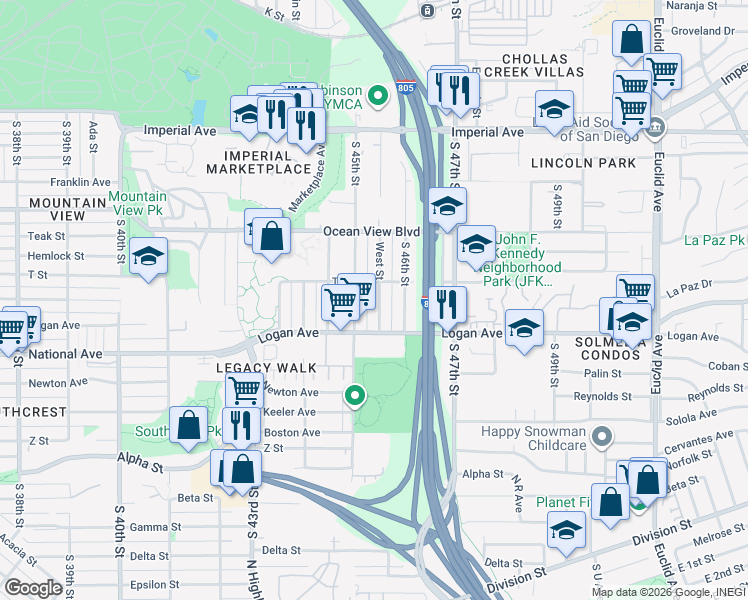map of restaurants, bars, coffee shops, grocery stores, and more near 4531 T Street in San Diego