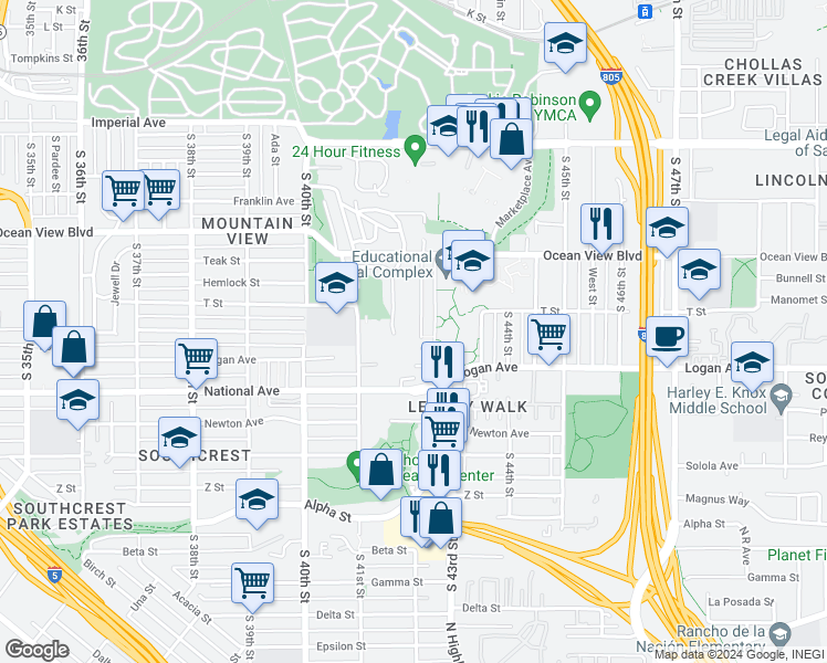 map of restaurants, bars, coffee shops, grocery stores, and more near 673 South 42nd Street in San Diego