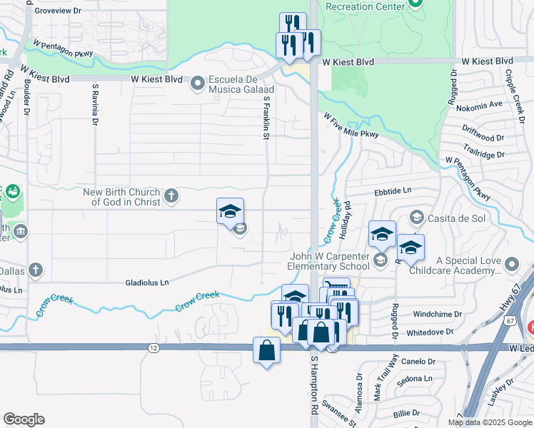 map of restaurants, bars, coffee shops, grocery stores, and more near 2515 Gibbs Williams Road in Dallas