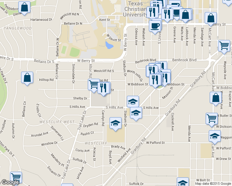map of restaurants, bars, coffee shops, grocery stores, and more near 3424 West Biddison Street in Fort Worth