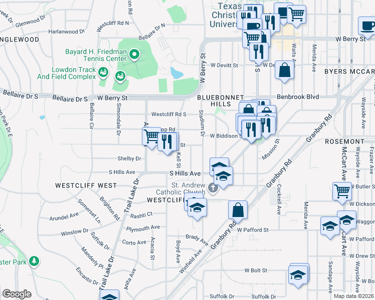 map of restaurants, bars, coffee shops, grocery stores, and more near 3424 West Biddison Street in Fort Worth