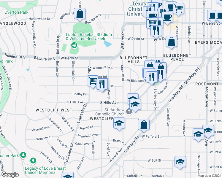 map of restaurants, bars, coffee shops, grocery stores, and more near 3424 West Biddison Street in Fort Worth