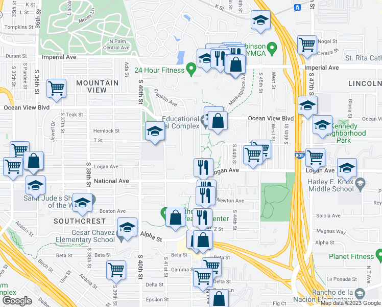 map of restaurants, bars, coffee shops, grocery stores, and more near 722 South 42nd Street in San Diego
