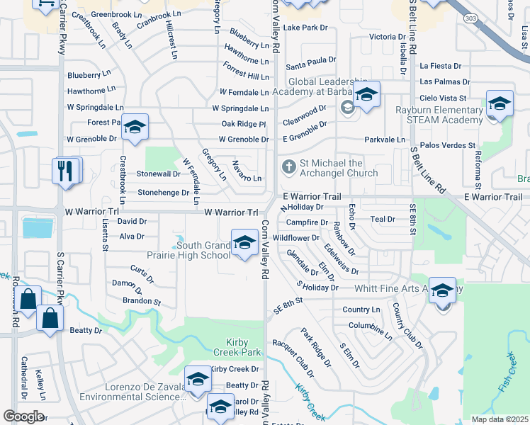 map of restaurants, bars, coffee shops, grocery stores, and more near 301 West Warrior Trail in Grand Prairie