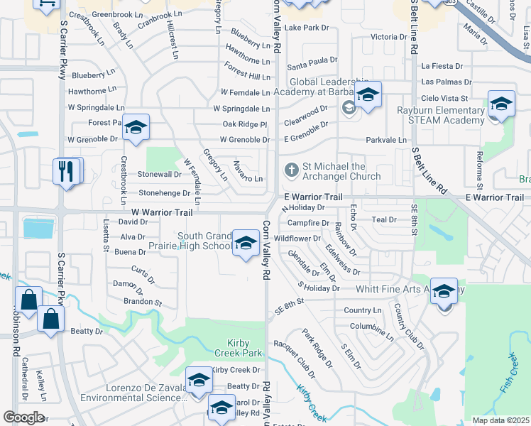 map of restaurants, bars, coffee shops, grocery stores, and more near 305 West Warrior Trail in Grand Prairie