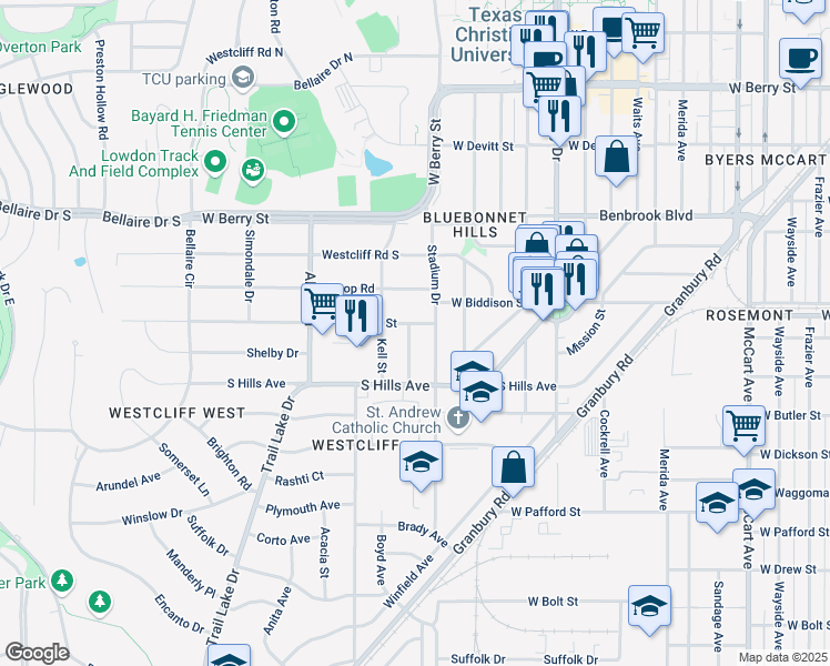 map of restaurants, bars, coffee shops, grocery stores, and more near 3555 Winston Road in Fort Worth