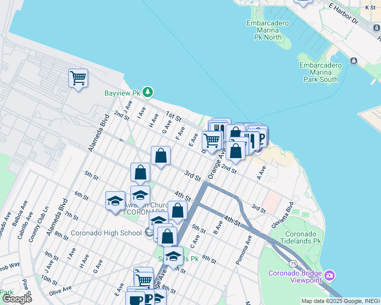 map of restaurants, bars, coffee shops, grocery stores, and more near 168 E Avenue in Coronado