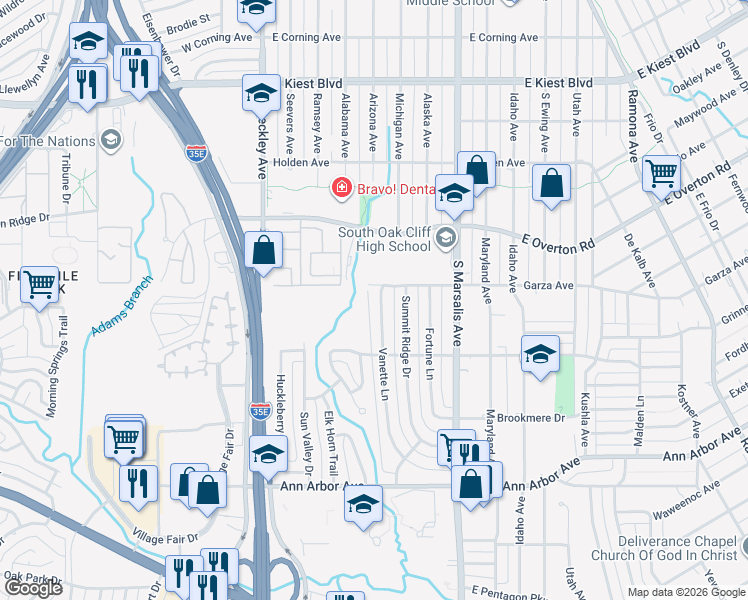 map of restaurants, bars, coffee shops, grocery stores, and more near 3804 Vanette Lane in Dallas