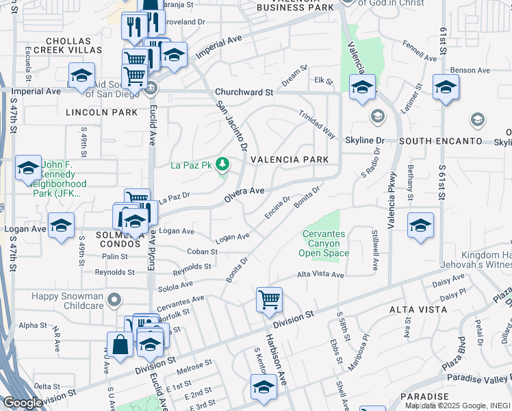 map of restaurants, bars, coffee shops, grocery stores, and more near 5472 San Onofre Terrace in San Diego