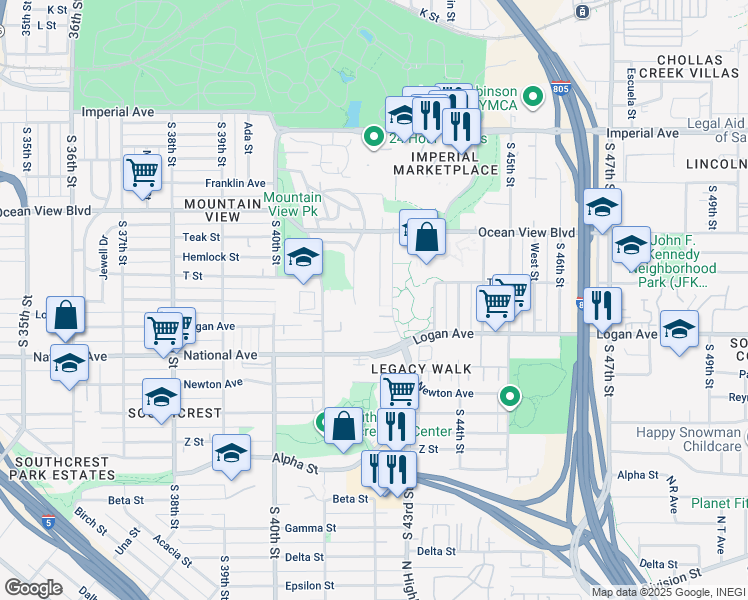 map of restaurants, bars, coffee shops, grocery stores, and more near 722 South 42nd Street in San Diego