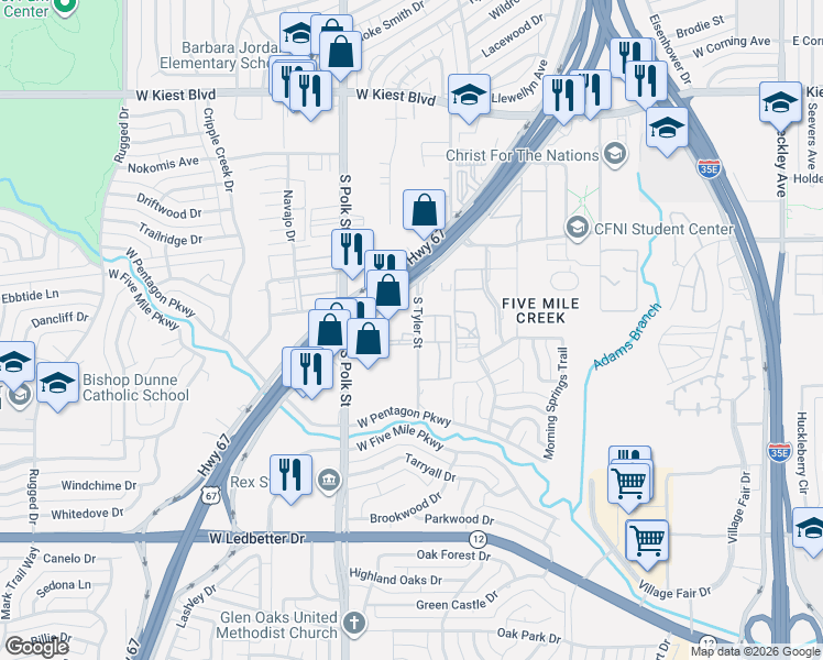 map of restaurants, bars, coffee shops, grocery stores, and more near 3803 South Tyler Street in Dallas