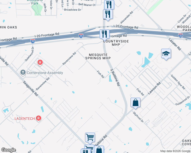 map of restaurants, bars, coffee shops, grocery stores, and more near 12740 Fish Road in Dallas