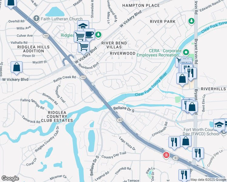 map of restaurants, bars, coffee shops, grocery stores, and more near 3451 River Park Drive in Fort Worth