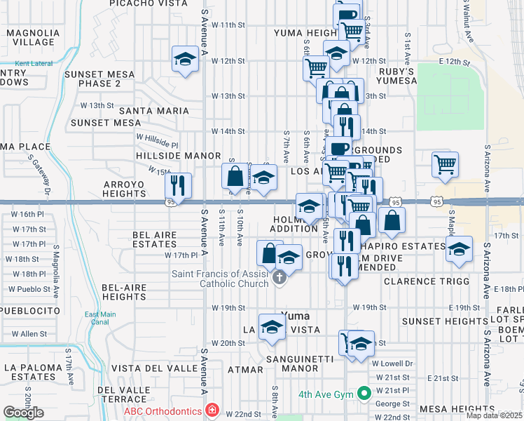 map of restaurants, bars, coffee shops, grocery stores, and more near 811 West 16th Street in Yuma
