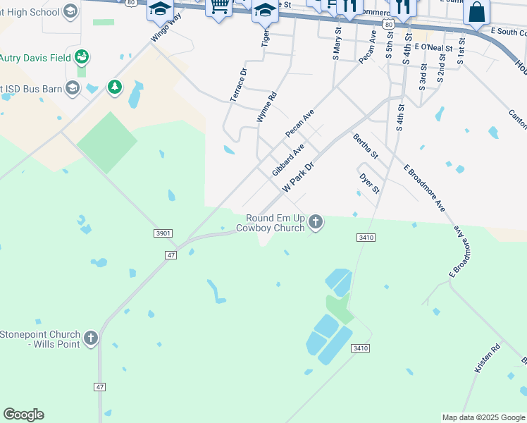 map of restaurants, bars, coffee shops, grocery stores, and more near 1850 Farm to Market Road 47 in Wills Point