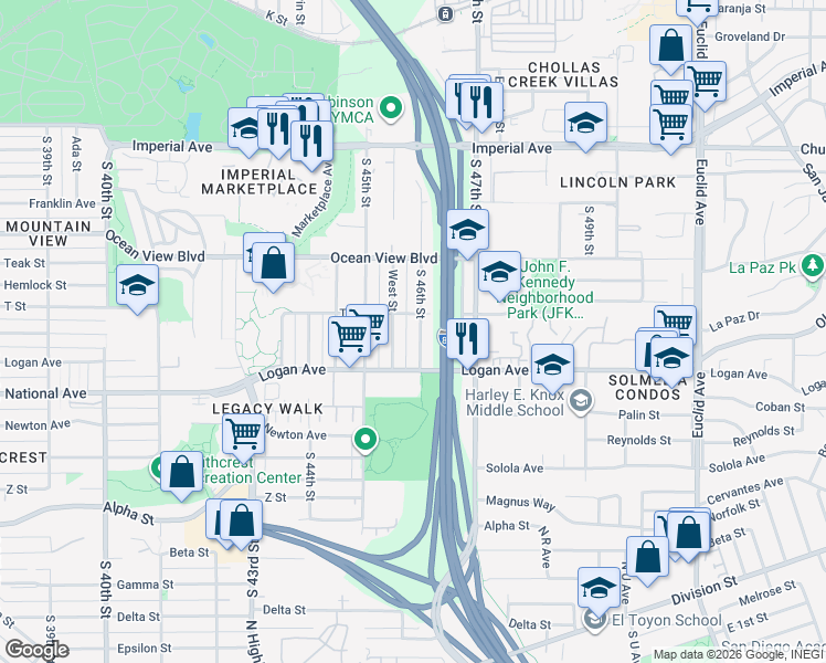 map of restaurants, bars, coffee shops, grocery stores, and more near 704 South 46th Street in San Diego