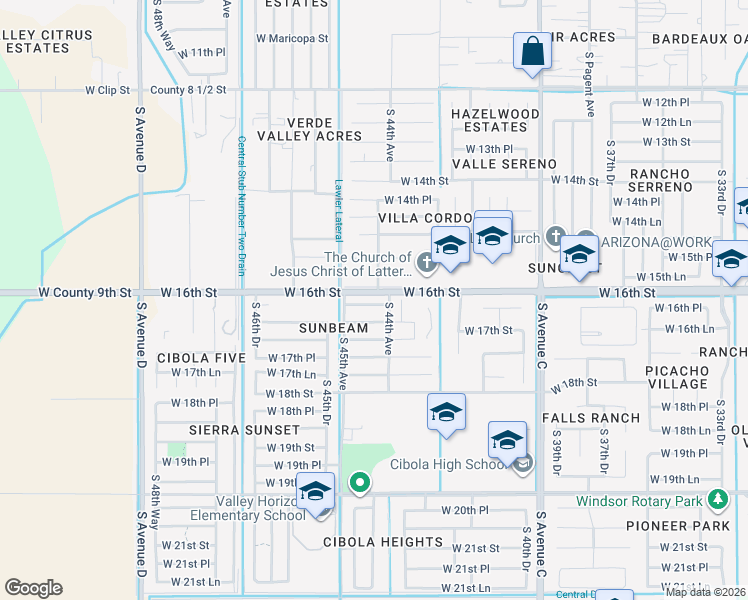 map of restaurants, bars, coffee shops, grocery stores, and more near 4438 West 16th Place in Yuma