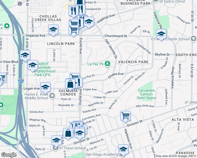map of restaurants, bars, coffee shops, grocery stores, and more near 5175 La Paz Drive in San Diego