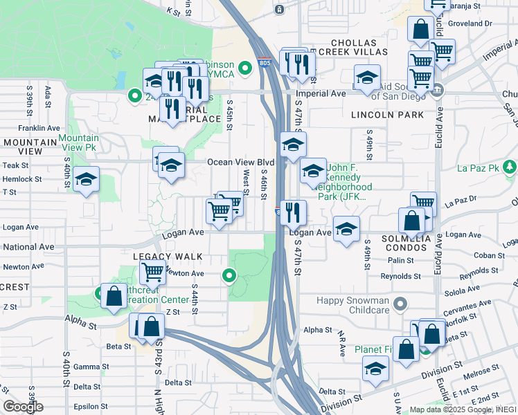 map of restaurants, bars, coffee shops, grocery stores, and more near 704 South 46th Street in San Diego
