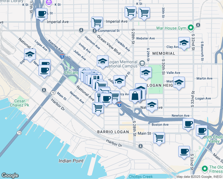 map of restaurants, bars, coffee shops, grocery stores, and more near 2285 Julian Avenue in San Diego